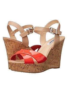 DUNE ~ Pink & Tan Espadrille Sandals w/4-inch Wedge Cork Platform Sole size 7.5